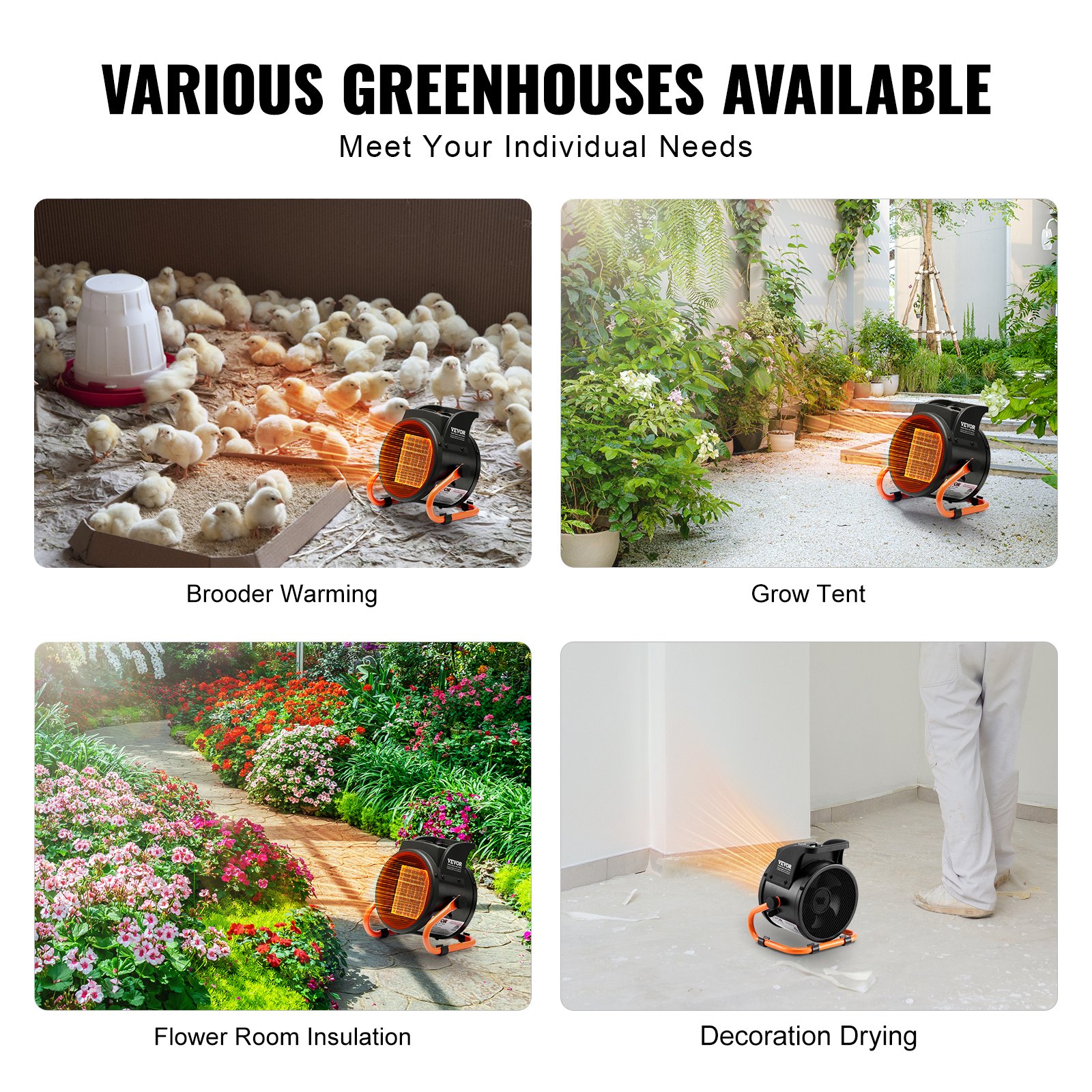 VEVOR Greenhouse Heater, 2000W PTC Fast Heating with Overheat Protection, 3-Speed Setting Small Grow Tent Heater, Electric Portable Heater Fan for Green House, Flower Room, Workplace