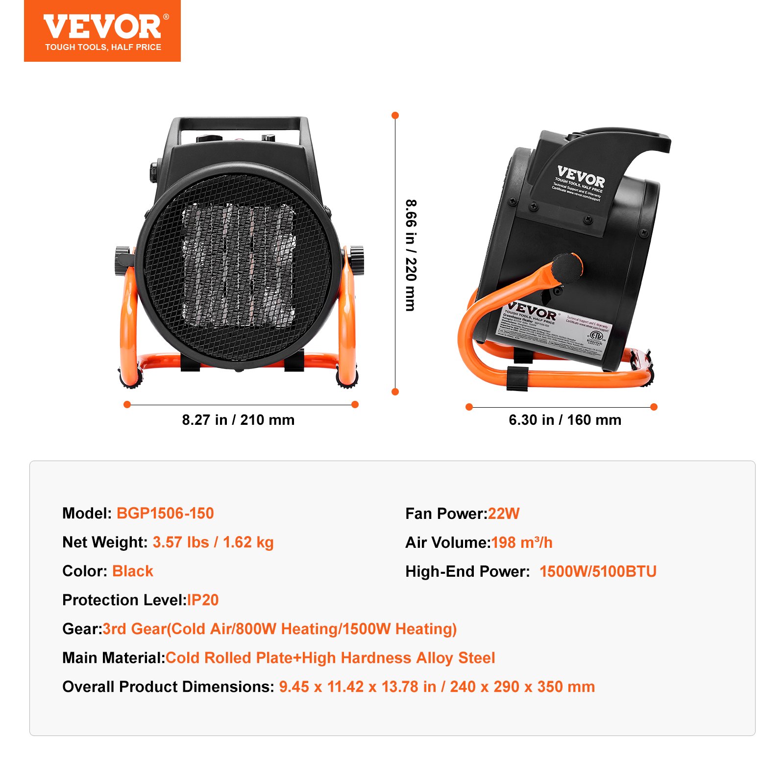 VEVOR Greenhouse Heater, 2000W PTC Fast Heating with Overheat Protection, 3-Speed Setting Small Grow Tent Heater, Electric Portable Heater Fan for Green House, Flower Room, Workplace