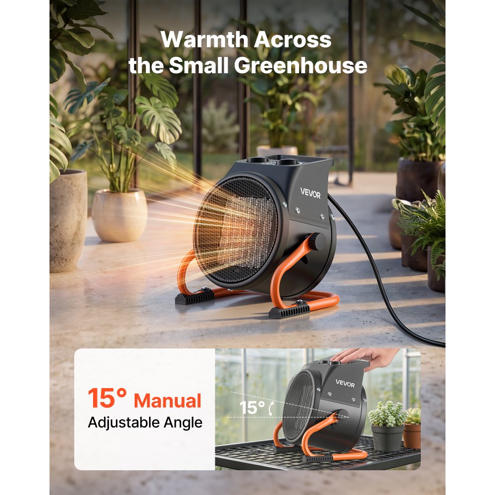 VEVOR Greenhouse Heater, 2000W Electric PTC Space Heater with Fan, Low & High Heat Modes, 15° Adjustable Angle, Overheat Protection, Portable for Grow Tent, Small Greenhouse, Flower Room, Home Office