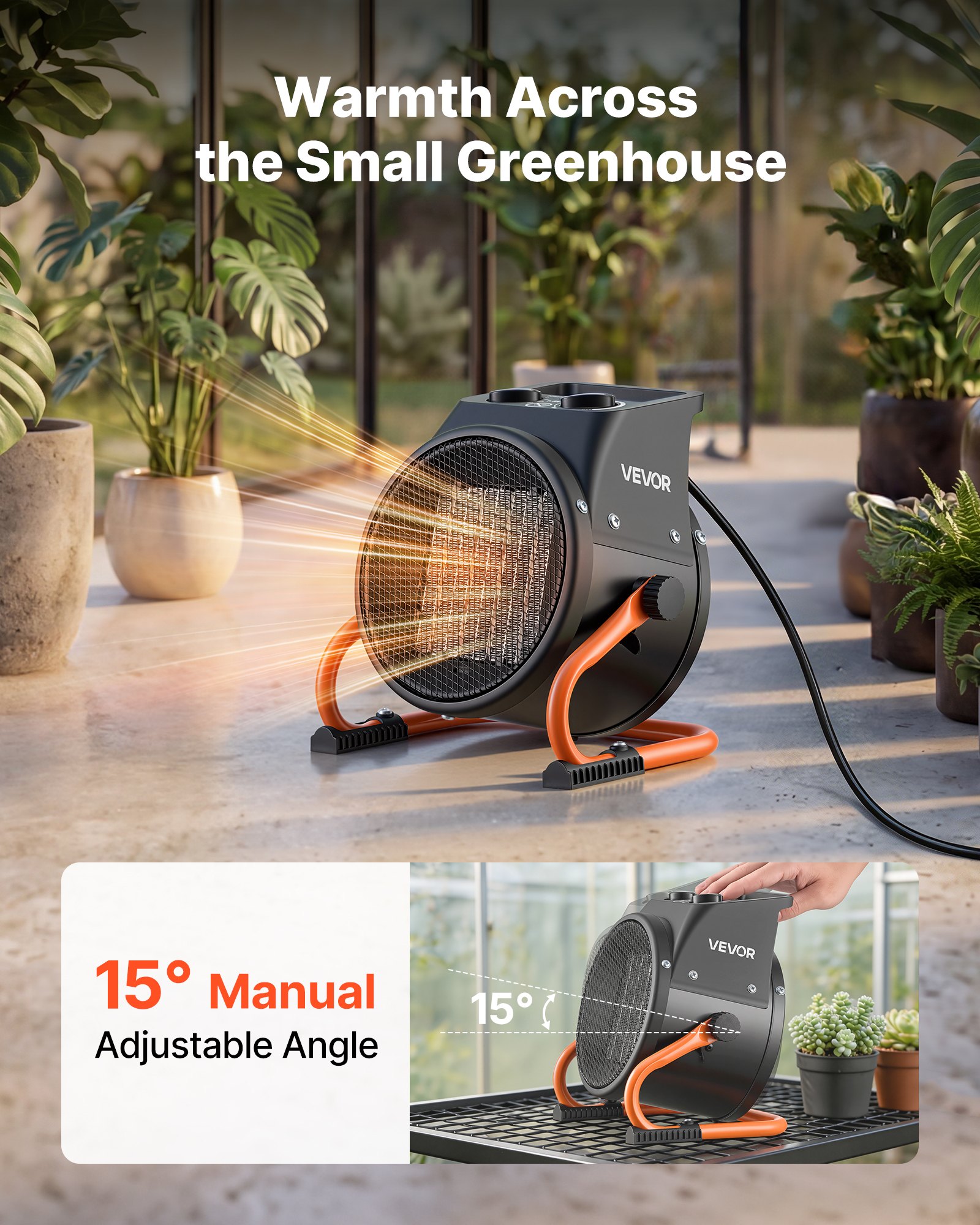 VEVOR Greenhouse Heater, 2000W Electric PTC Space Heater with Fan, Low & High Heat Modes, 15° Adjustable Angle, Overheat Protection, Portable for Grow Tent, Small Greenhouse, Flower Room, Home Office