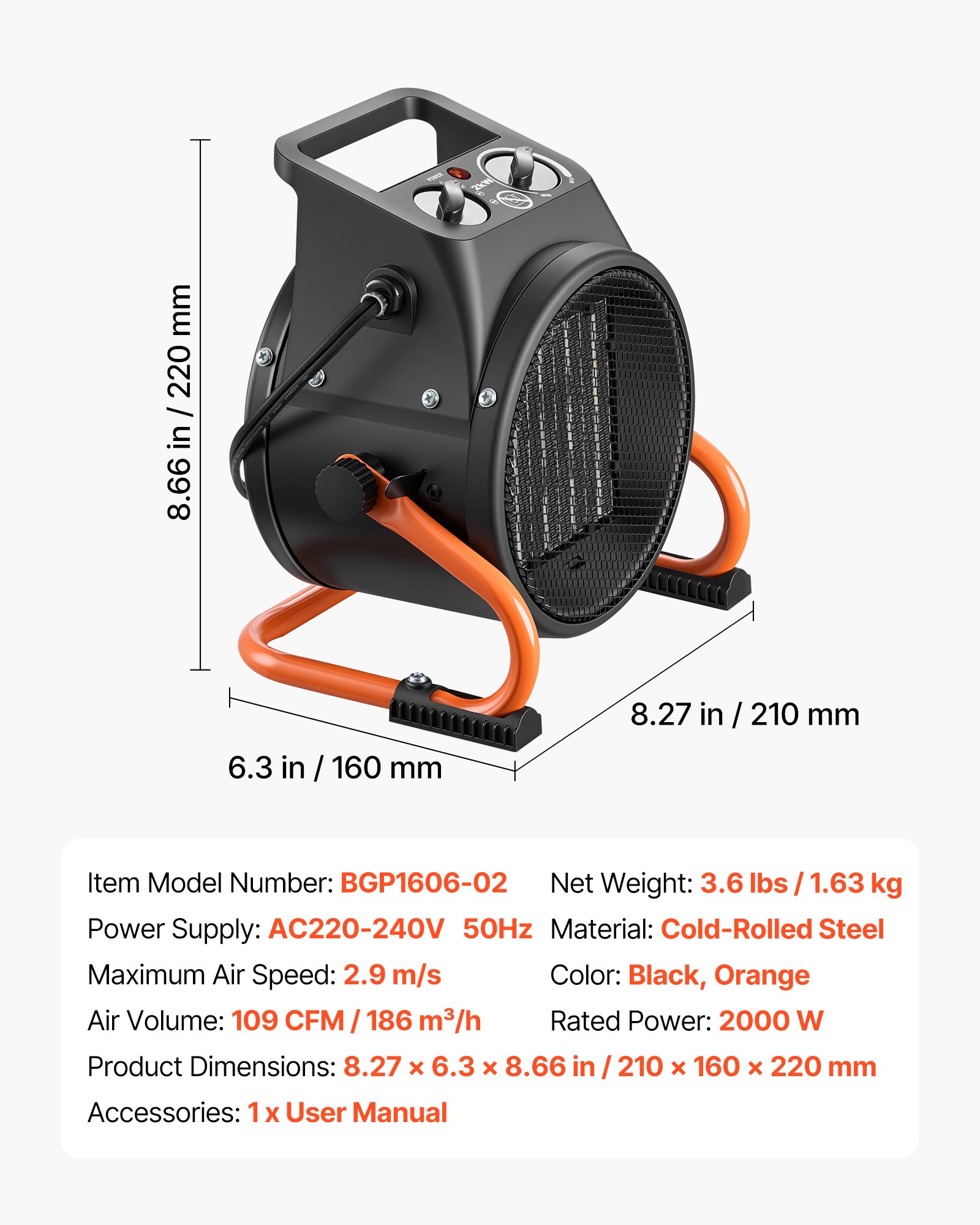 VEVOR Greenhouse Heater, 2000W Electric PTC Space Heater with Fan, Low & High Heat Modes, 15° Adjustable Angle, Overheat Protection, Portable for Grow Tent, Small Greenhouse, Flower Room, Home Office