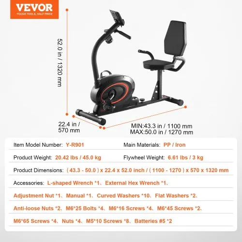 VEVOR Recumbent Exercise Bike, Recumbent Bike for Adults Seniors, Adjustable Magnetic Resistance Stationary Bike for Home