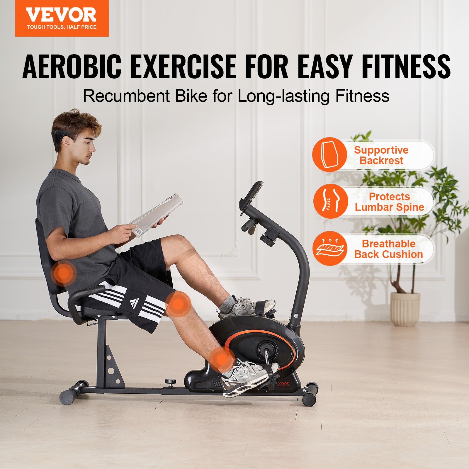 VEVOR Recumbent Exercise Bike, Recumbent Bike for Adults Seniors, Adjustable Magnetic Resistance Stationary Bike for Home, Workout Bike with Comfortable Seat Cushion, LCD Monitor, and Heavy Flywheel