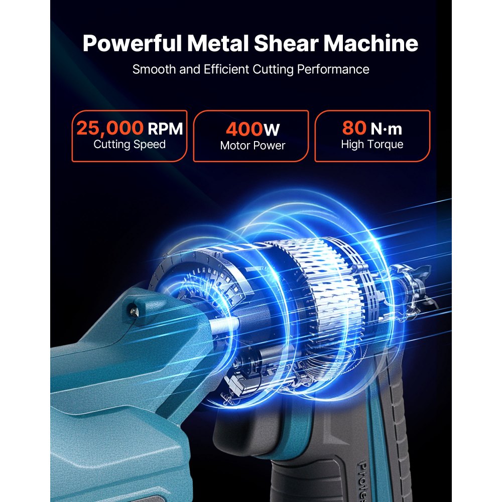 VEVOR Metal Shear, Sheet Metal Cutter Cordless with 360-Degree Pivoting Head, Double Blades, 25000 RPM Speed, Cuts 18 GA Galvanized Steel, 20 GA Stainless Steel, Aluminum Plate, Plastic, Cardboard
