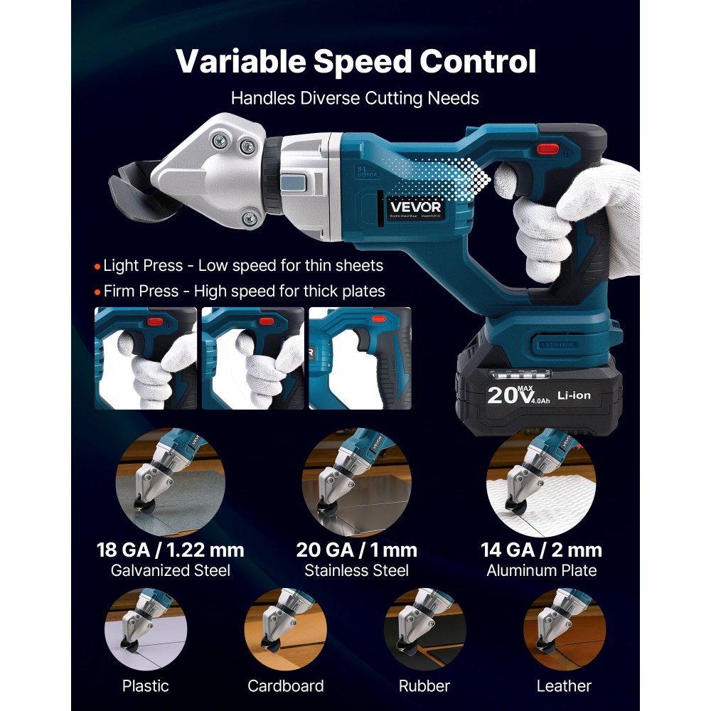 VEVOR Metal Shear, Cordless Sheet Metal Cutter with 360-Degree Pivoting Head, Double Blades, 110VAC 20VDC, Cuts 18 GA Galvanized Steel, 20 GA Stainless Steel, Aluminum, Plastic, Cardboard, 2800SPM