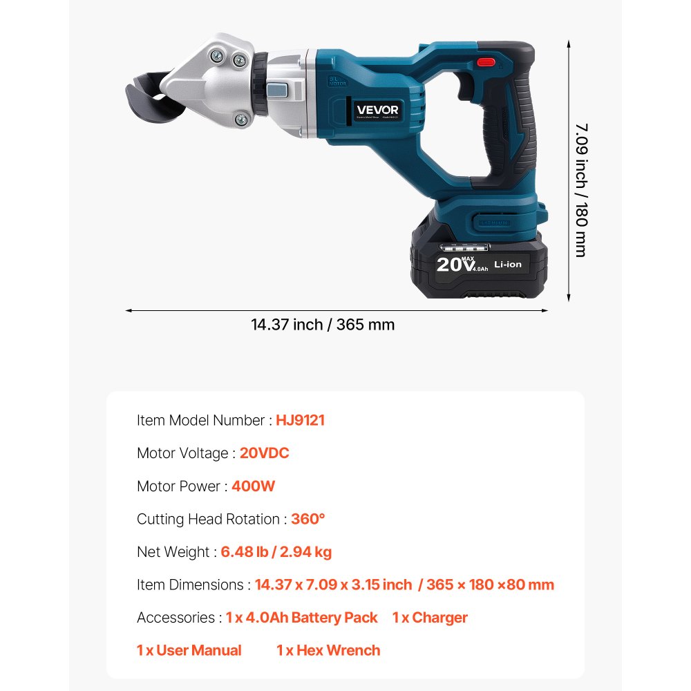 Nůžky na plech VEVOR, akumulátorové řezačky plechů s otočnou hlavou o 360 stupňů, dvojité čepele, 220 V AC 20 V DC, řeže 1,22 mm pozinkovanou ocel, 1 mm nerezovou ocel, hliník, plast, karton, 2800 zdvihů za minutu