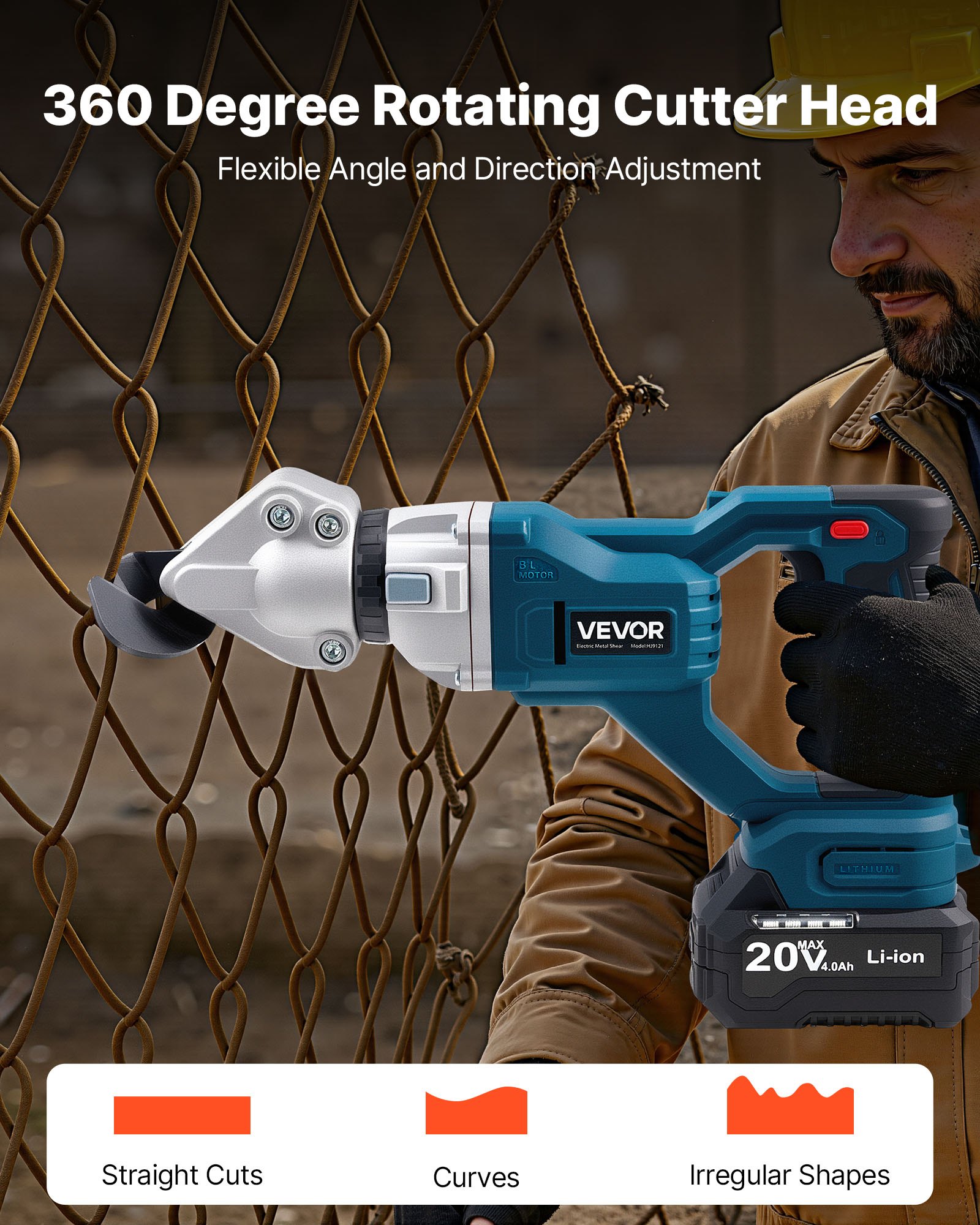 Nůžky na plech VEVOR, akumulátorové řezačky plechů s otočnou hlavou o 360 stupňů, dvojité čepele, 220 V AC 20 V DC, řeže 1,22 mm pozinkovanou ocel, 1 mm nerezovou ocel, hliník, plast, karton, 2800 zdvihů za minutu