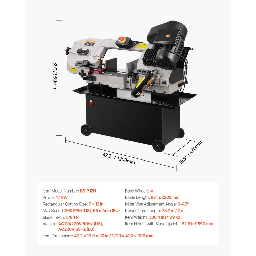 VEVOR Metal Horizontal Band Saw, 7 x 12 in Rectangular Cutting Capacity, 110/220V Metal Vertical Cutting Bandsaw with 1.1 kW Motor, 0-45° Angle Adjustment, Variable Speed, for Metal, Wood, and Plastic