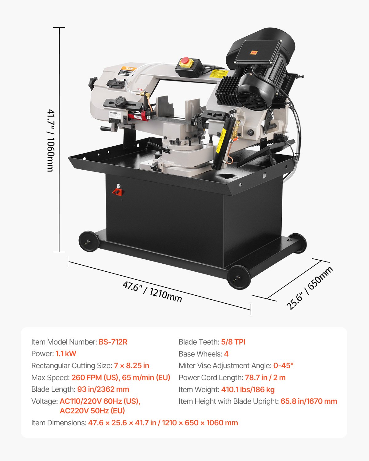 VEVOR Metal Horizontal Band Saw, 178 x 209 mm(7 x 8.25 in) Rectangular Cutting Capacity, 220V Metal Vertical Cutting Bandsaw with 1.1 kW Motor, 0-45° Angle Adjustment, Variable Speed, for Metal, Wood, and Plastic