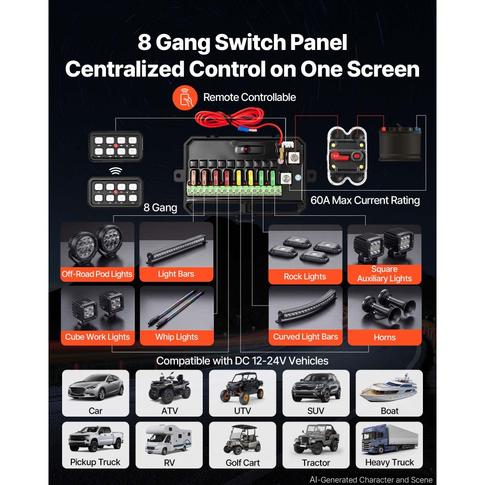 VEVOR 8 Gang Switch Panel Circuit Control Wireless Remote Up to 165 ft, for 12-24V Car Truck Pickup Boat UTV SUV, RGB Auto-Dimmable with Toggle Momentary Strobe, 1440W 60A Relay System, Waterproof