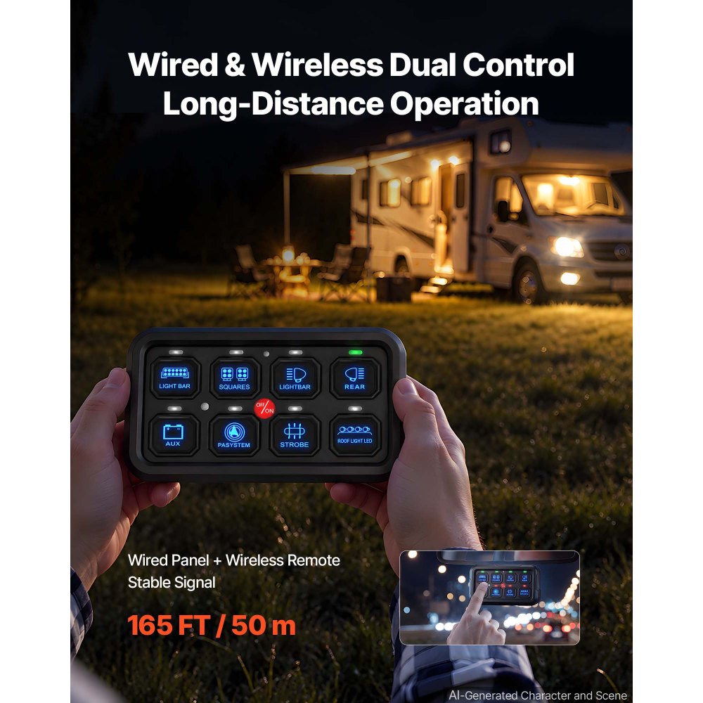 VEVOR 8 Gang Switch Panel Circuit Control Wireless Remote Up to 165 ft, for 12-24V Car Truck Pickup Boat UTV SUV, RGB Auto-Dimmable with Toggle Momentary Strobe, 1440W 60A Relay System, Waterproof