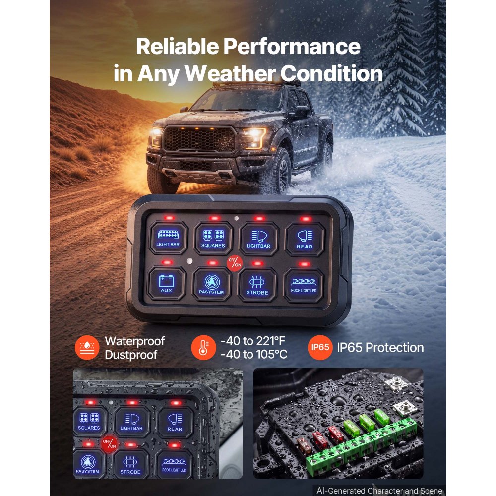 VEVOR 8 Gang Switch Panel Circuit Control Wireless Remote Up to 165 ft, for 12-24V Car Truck Pickup Boat UTV SUV, RGB Auto-Dimmable with Toggle Momentary Strobe, 1440W 60A Relay System, Waterproof
