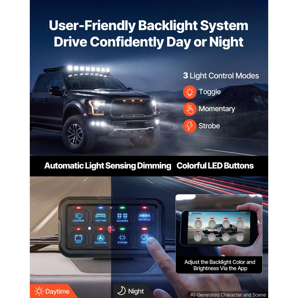 VEVOR 8 Gang Switch Panel RGB Circuit Control Box APP Control Backlight, for 12-24V Car Truck Boat ATV UTV SUV, Toggle Momentary Strobe 3 Mode, 1440W 60A, Multifunctional Relay System, Waterproof