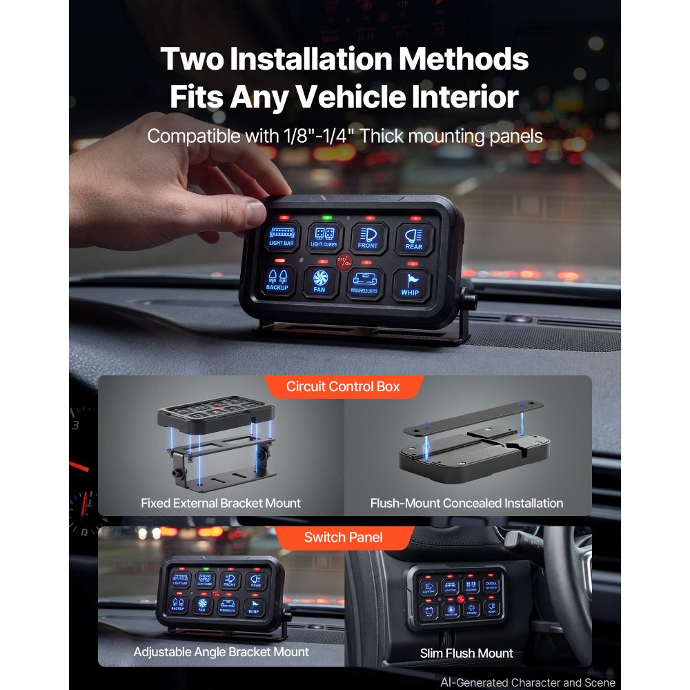 VEVOR 8 Gang Switch Panel RGB Circuit Control Box APP Control Backlight, for 12-24V Car Truck Boat ATV UTV SUV, Toggle Momentary Strobe 3 Mode, 1440W 60A, Multifunctional Relay System, Waterproof