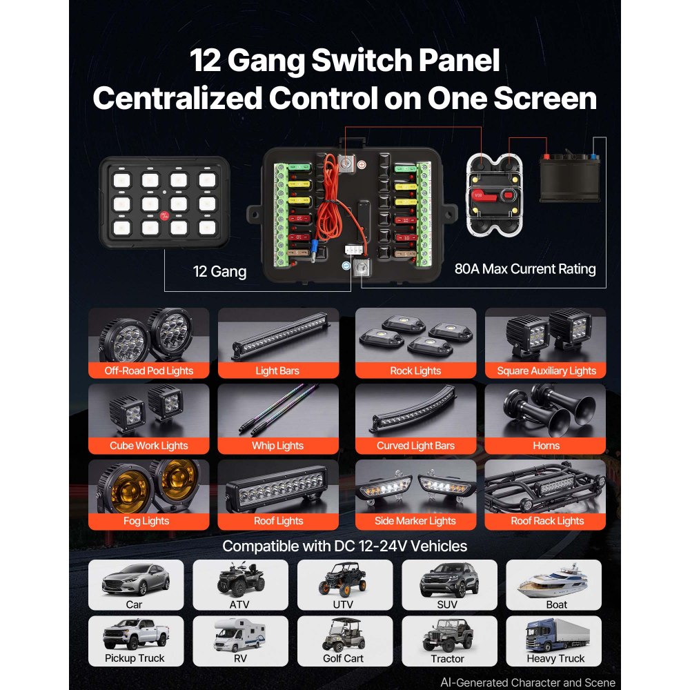 VEVOR 12 Gang Switch Panel RGB Circuit Control Backlight Auto-Dimmable, for 12-24V Car Truck Boat ATV UTV SUV, Toggle Momentary Strobe 3 Mode, 1920W 80A, Multifunctional Relay System, Waterproof