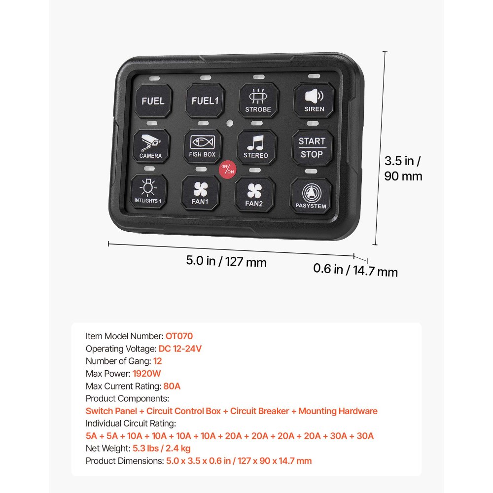 VEVOR 12 Gang Switch Panel RGB Circuit Control Backlight Auto-Dimmable, for 12-24V Car Truck Boat ATV UTV SUV, Toggle Momentary Strobe 3 Mode, 1920W 80A, Multifunctional Relay System, Waterproof