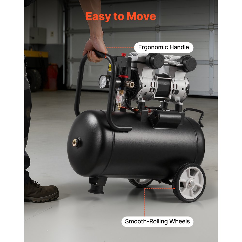 VEVOR 24L Air Compressor, 1.1KW Oil-Free Air Compressor Tank, 68 L/min at 6.2 Bar, Max 8 Bar Pressure, Portable on Wheels for Auto Repair, Tire Inflation, Spray Painting, Woodworking Nailing