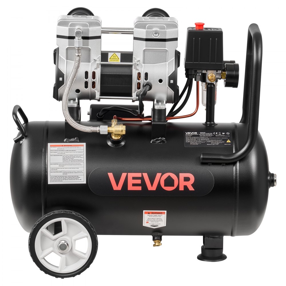 VEVOR 24L Air Compressor, 1.1KW Oil-Free Air Compressor Tank, 68 L/min at 6.2 Bar, Max 8 Bar Pressure, Portable on Wheels for Auto Repair, Tire Inflation, Spray Painting, Woodworking Nailing