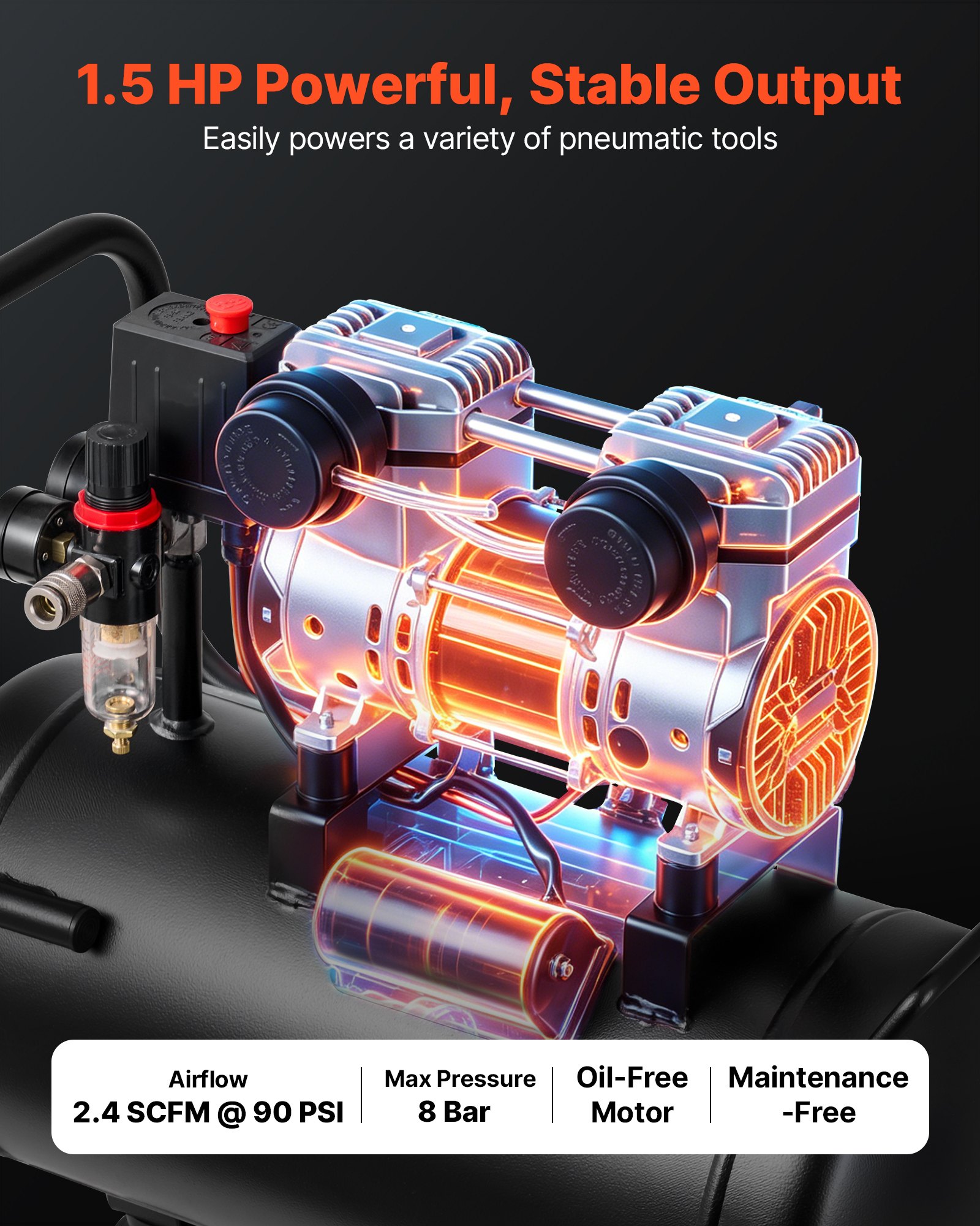 VEVOR 24L Air Compressor, 1.1KW Oil-Free Air Compressor Tank, 68 L/min at 6.2 Bar, Max 8 Bar Pressure, Portable on Wheels for Auto Repair, Tire Inflation, Spray Painting, Woodworking Nailing