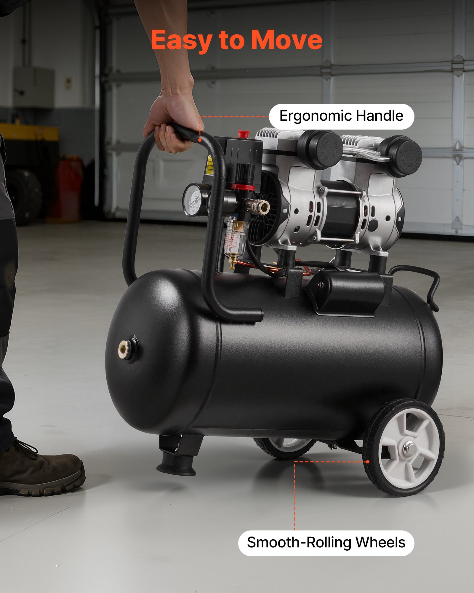 VEVOR 24L Air Compressor, 1.1KW Oil-Free Air Compressor Tank, 68 L/min at 6.2 Bar, Max 8 Bar Pressure, Portable on Wheels for Auto Repair, Tire Inflation, Spray Painting, Woodworking Nailing