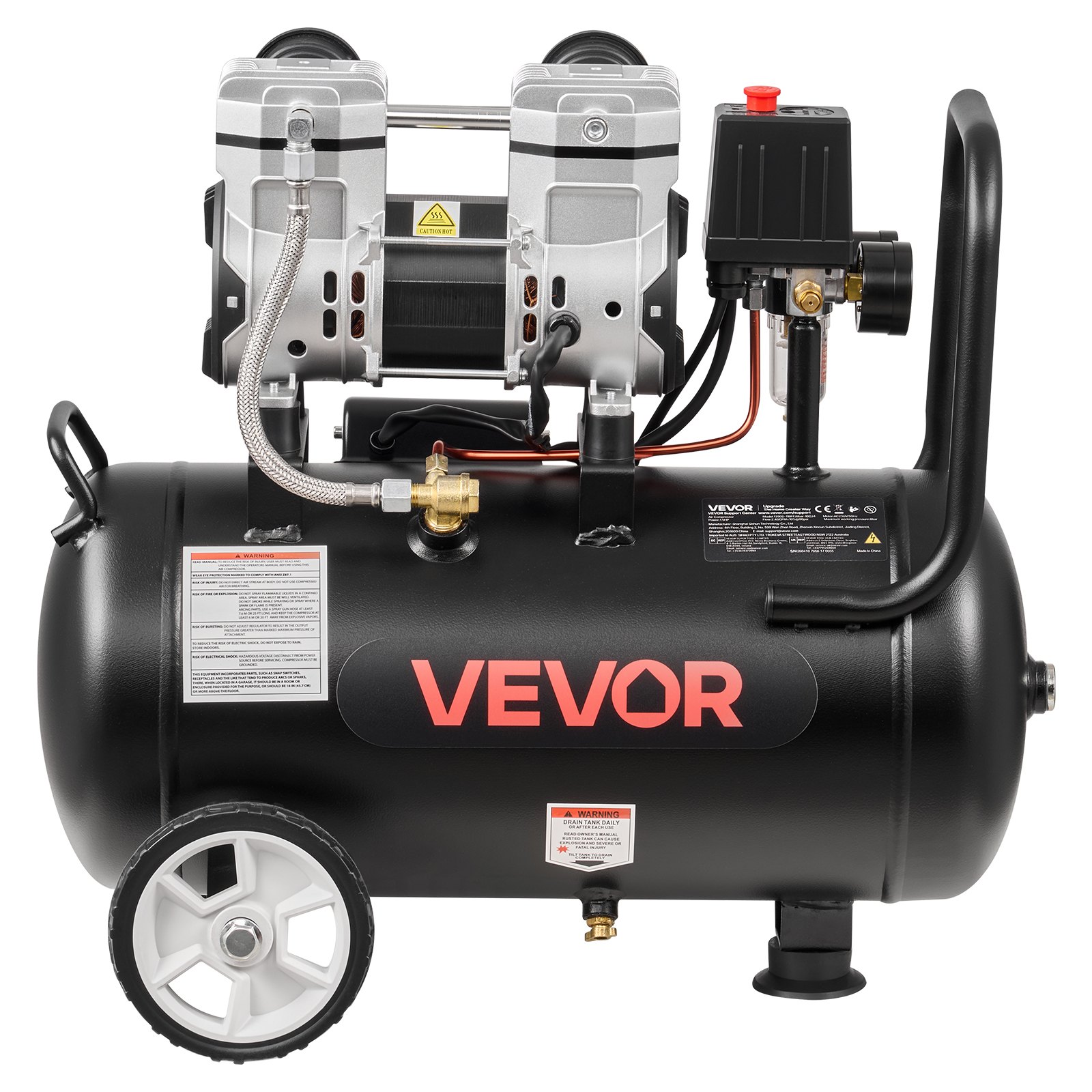 VEVOR 24L Air Compressor, 1.1KW Oil-Free Air Compressor Tank, 68 L/min at 6.2 Bar, Max 8 Bar Pressure, Portable on Wheels for Auto Repair, Tire Inflation, Spray Painting, Woodworking Nailing