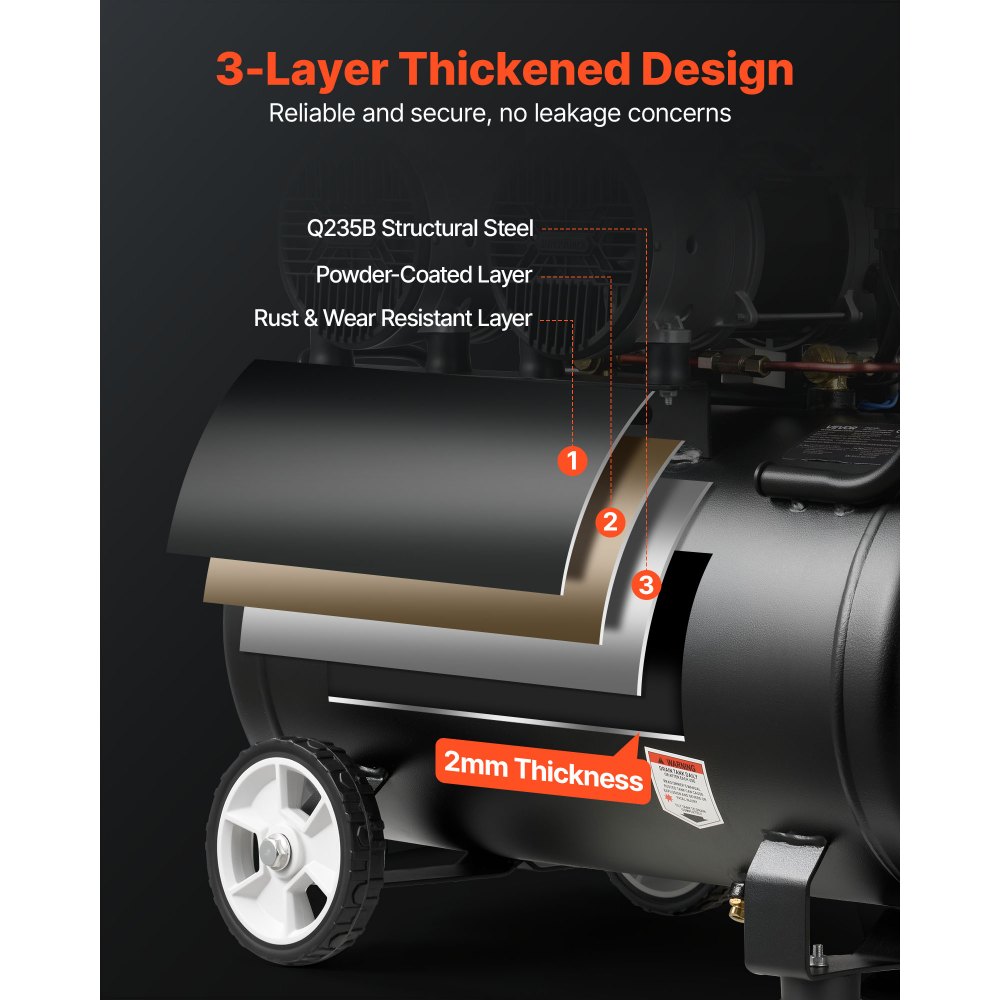 VEVOR 50L Air Compressor, 3KW Oil-Free Air Compressor Tank, 255 L/min at 6.2 Bar, Max 8 Bar Pressure, Portable on Wheels for Auto Repair, Tire Inflation, Spray Painting, Woodworking Nailing