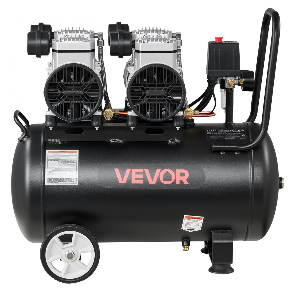 VEVOR 50L Air Compressor, 3KW Oil-Free Air Compressor Tank, 255 L/min at 6.2 Bar, Max 8 Bar Pressure, Portable on Wheels for Auto Repair, Tire Inflation, Spray Painting, Woodworking Nailing