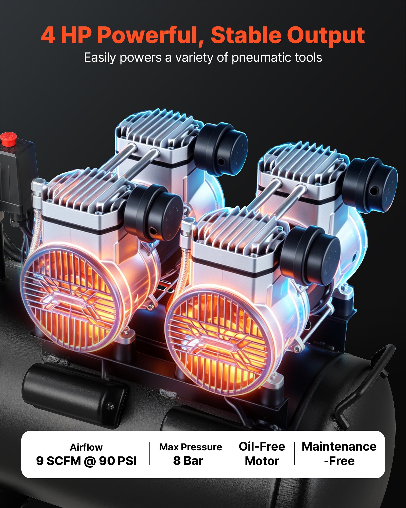 VEVOR 50L Air Compressor, 3KW Oil-Free Air Compressor Tank, 255 L/min at 6.2 Bar, Max 8 Bar Pressure, Portable on Wheels for Auto Repair, Tire Inflation, Spray Painting, Woodworking Nailing