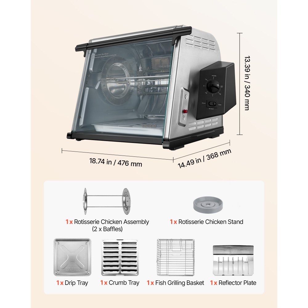 VEVOR Rotisserie Oven Large Capacity 12L Shawarma Grill Machine 1250W, for Chicken, Beef Ribs, Lamb Leg, Grilled Vegetables, Countertop Grill Roaster with Heat-Resistant Door and Timer Control