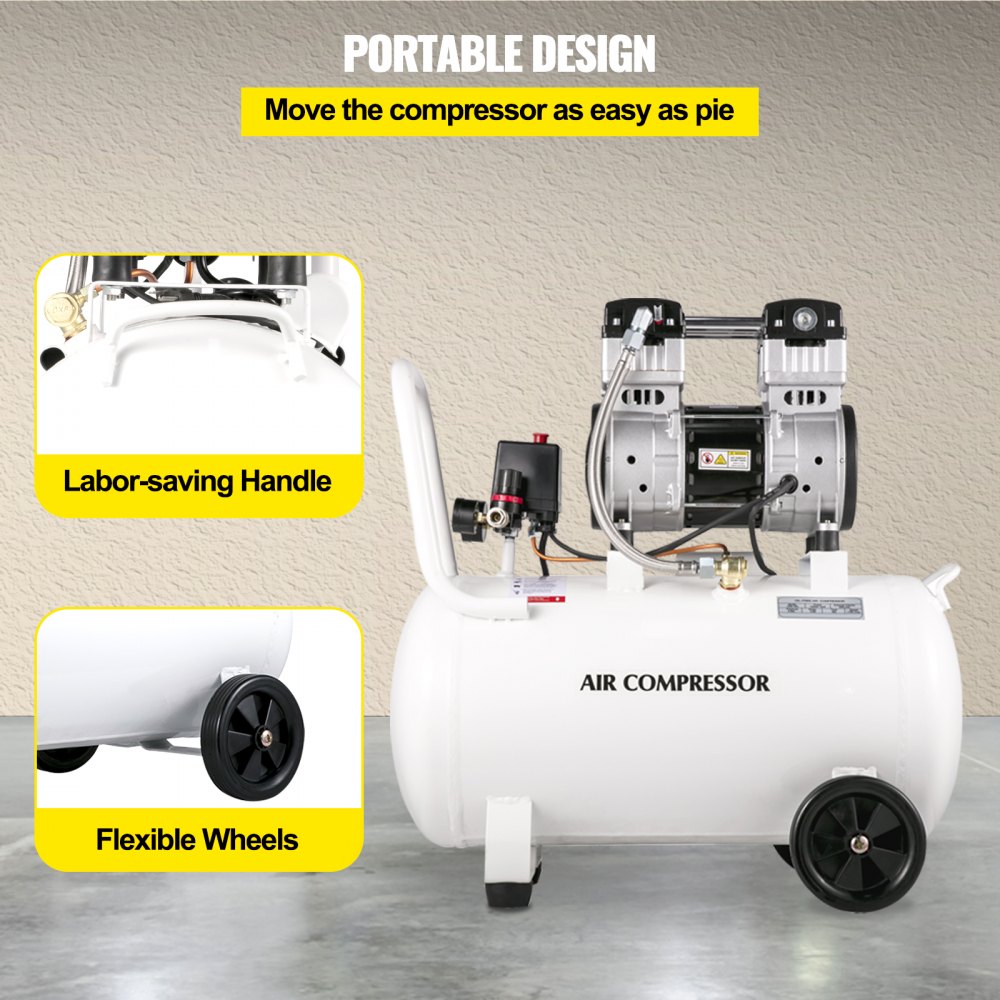 Compresor de aire portátil VEVOR de 1 HP, 15.8 galones, sin aceite, tanque de acero de 750 W, compresor de aire tipo panqueque de 115 PSI, ultra silencioso para reparaciones domésticas e inflado de neumáticos.