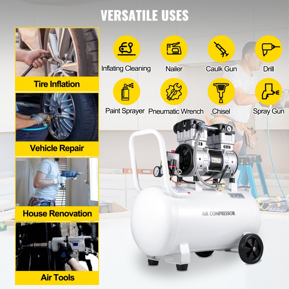Compresor de aire portátil VEVOR de 1 HP, 15.8 galones, sin aceite, tanque de acero de 750 W, compresor de aire tipo panqueque de 115 PSI, ultra silencioso para reparaciones domésticas e inflado de neumáticos.