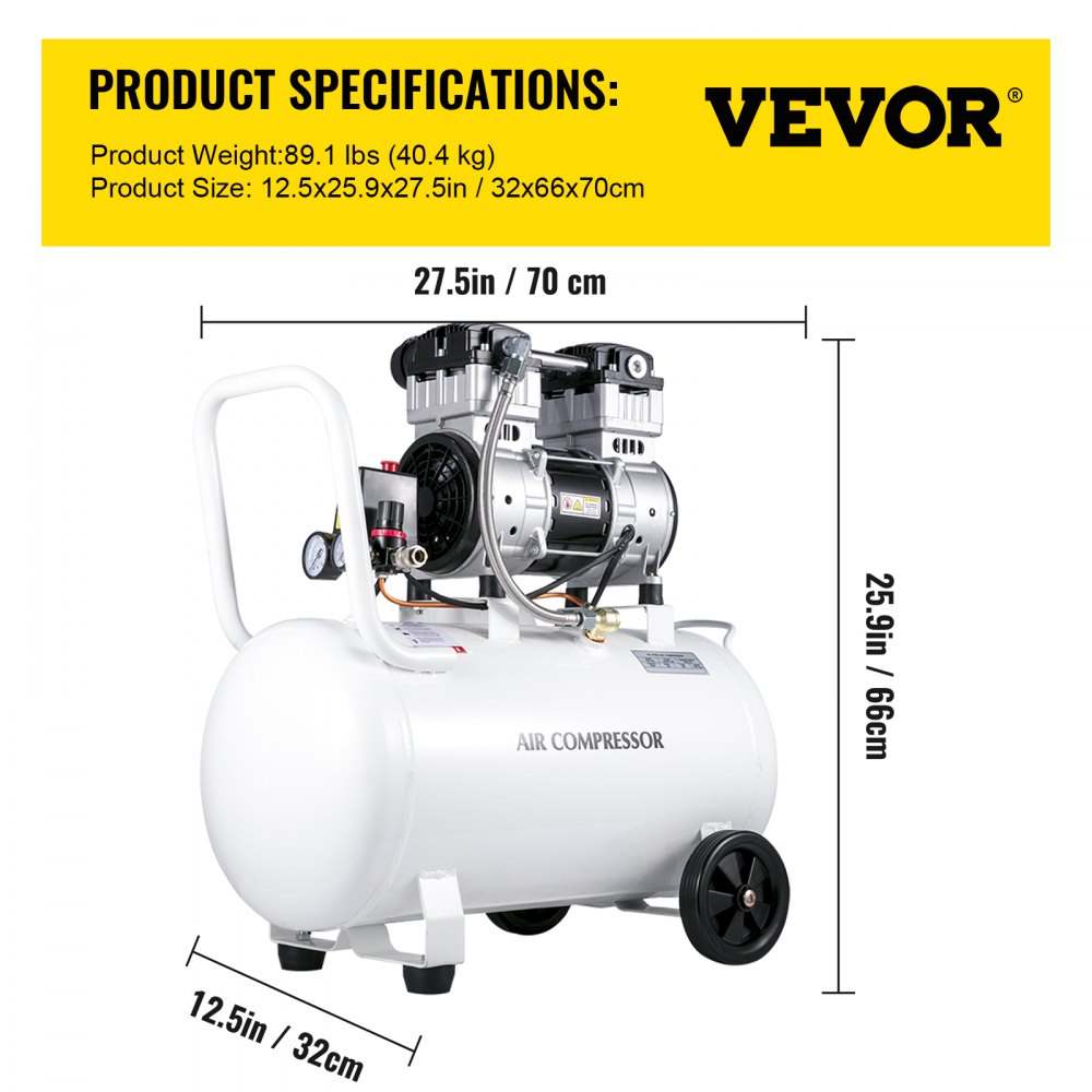 Compresor de aire portátil VEVOR de 1 HP, 15.8 galones, sin aceite, tanque de acero de 750 W, compresor de aire tipo panqueque de 115 PSI, ultra silencioso para reparaciones domésticas e inflado de neumáticos.