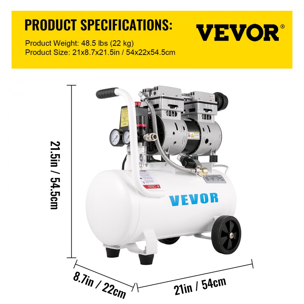 VEVOR luftkompressor 5,5 gallon, bärbar luftkompressor 1 hk, oljefri luftkompressor ståltank 750W, pannkaka luftkompressor 115 PSI, ultratyst kompressor för hemreparation, däckpumpning