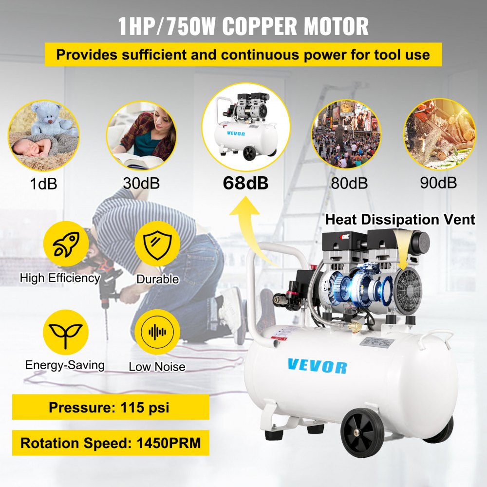 VEVOR Air Compressor 41.6 L, Ultra Quiet Air Compressor 1 HP, Oil-Free Air Compressor Steel Tank 750W, Portable Air Compressor 8 bar, Ultra Quiet Compressor for Home Repair, Tire Inflation
