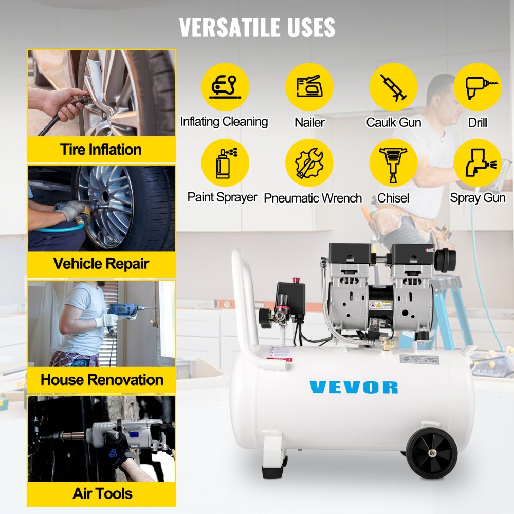 VEVOR Air Compressor 41.6 L, Ultra Quiet Air Compressor 1 HP, Oil-Free Air Compressor Steel Tank 750W, Portable Air Compressor 8 bar, Ultra Quiet Compressor for Home Repair, Tire Inflation