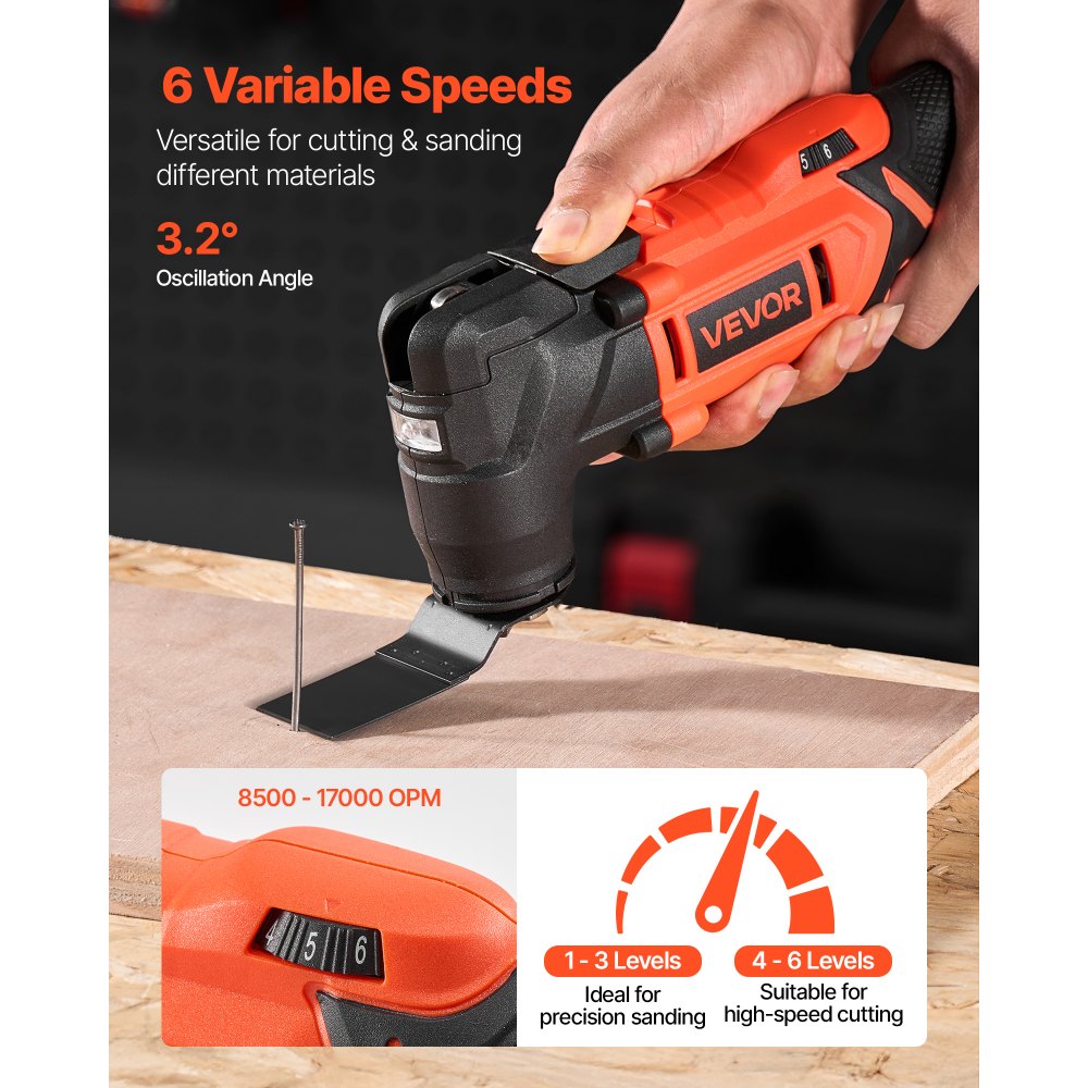 VEVOR Cordless Oscillating Tool, 20V Oscillating Multi Tool Kit with 6 Variable Speeds 8500 - 17000 OPM, 3.2° Oscillating Angle, 2.0Ah Battery Pack & Charger, 12PCS Saw Accessories & LED Work Light