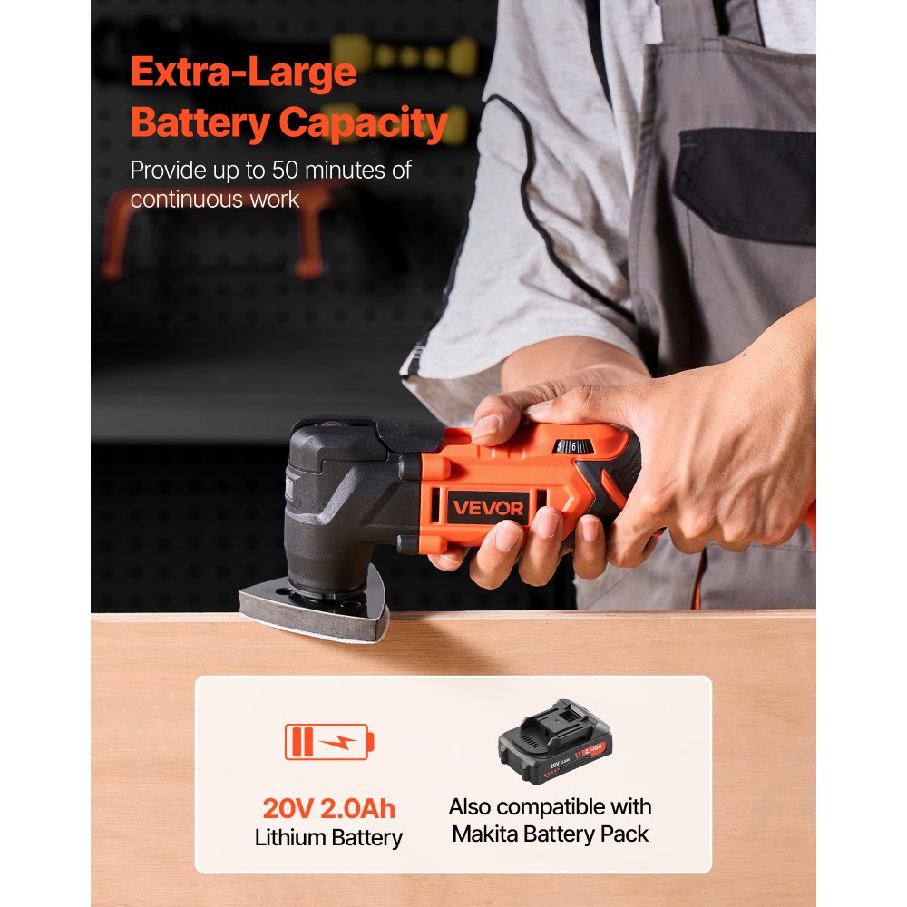 VEVOR Cordless Oscillating Tool, 20V Oscillating Multi Tool Kit with 6 Variable Speeds 8500 - 17000 OPM, 3.2° Oscillating Angle, 2.0Ah Battery Pack & Charger, 12PCS Saw Accessories & LED Work Light