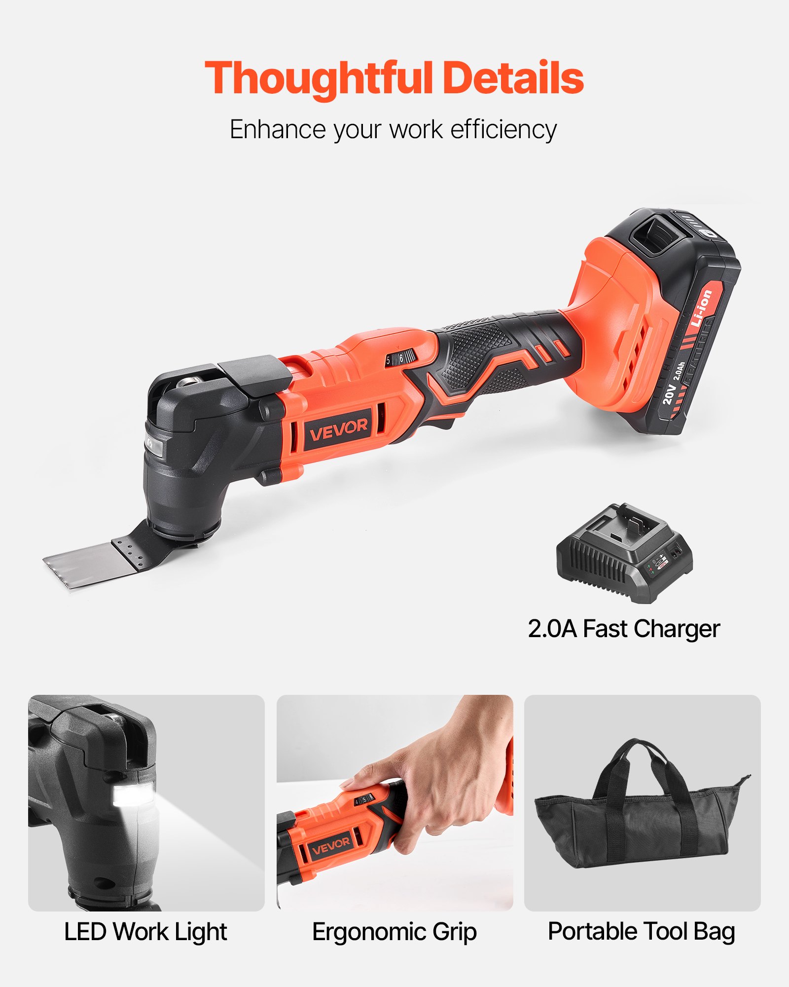 VEVOR Cordless Oscillating Tool, 20V Oscillating Multi Tool Kit with 6 Variable Speeds 8500 - 17000 OPM, 3.2° Oscillating Angle, 2.0Ah Battery Pack & Charger, 12PCS Saw Accessories & LED Work Light