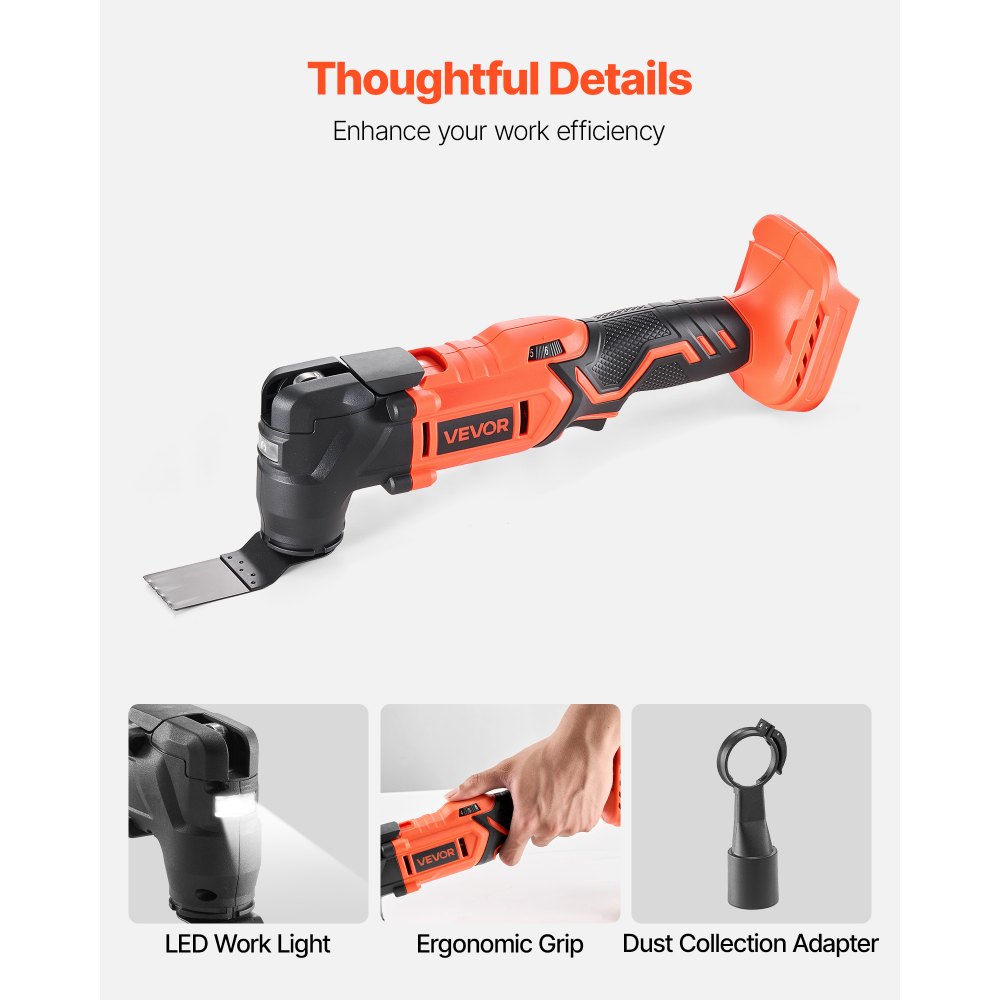 VEVOR Cordless Oscillating Tool, 20V Multitool Oscillating Tool with 6 Variable Speeds 8500 - 17000 OPM, 3.2° Oscillating Angle, 8PCS Saw Accessories & LED Work Light (Battery Pack Not Included)