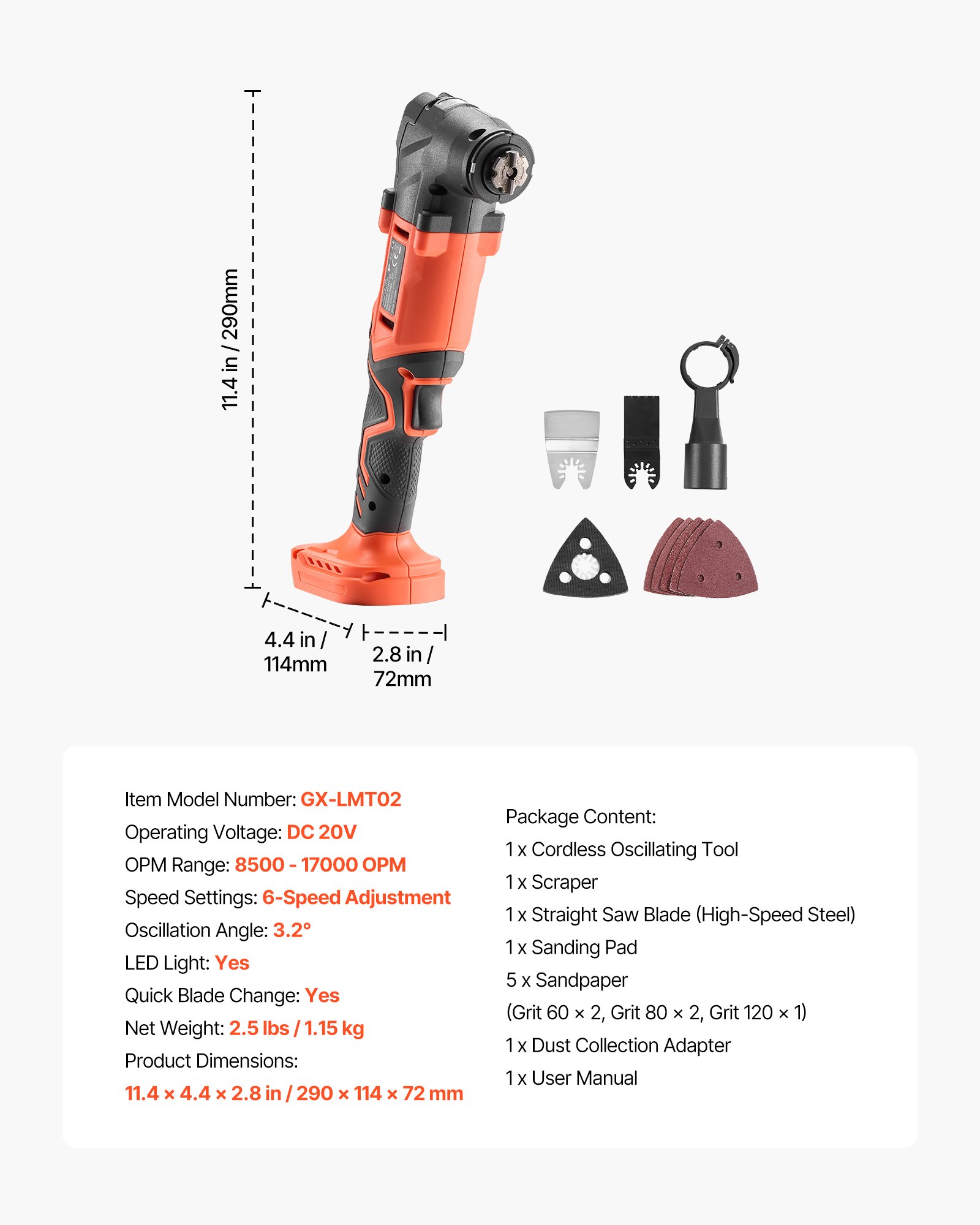 VEVOR Cordless Oscillating Tool, 20V Multitool Oscillating Tool with 6 Variable Speeds 8500 - 17000 OPM, 3.2° Oscillating Angle, 8PCS Saw Accessories & LED Work Light (Battery Pack Not Included)