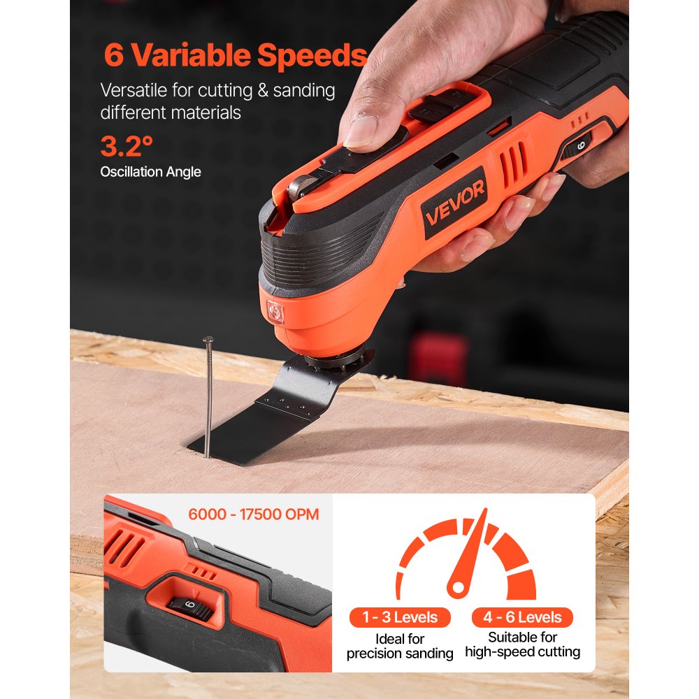 VEVOR Cordless Oscillating Tool, 12V Multitool Oscillating Saw Tool with 6 Variable Speeds 6000 - 17500 OPM, 3.2° Oscillation Angle, 2.0Ah Battery Pack & Charger, 8PCS Saw Accessories & LED Work Light