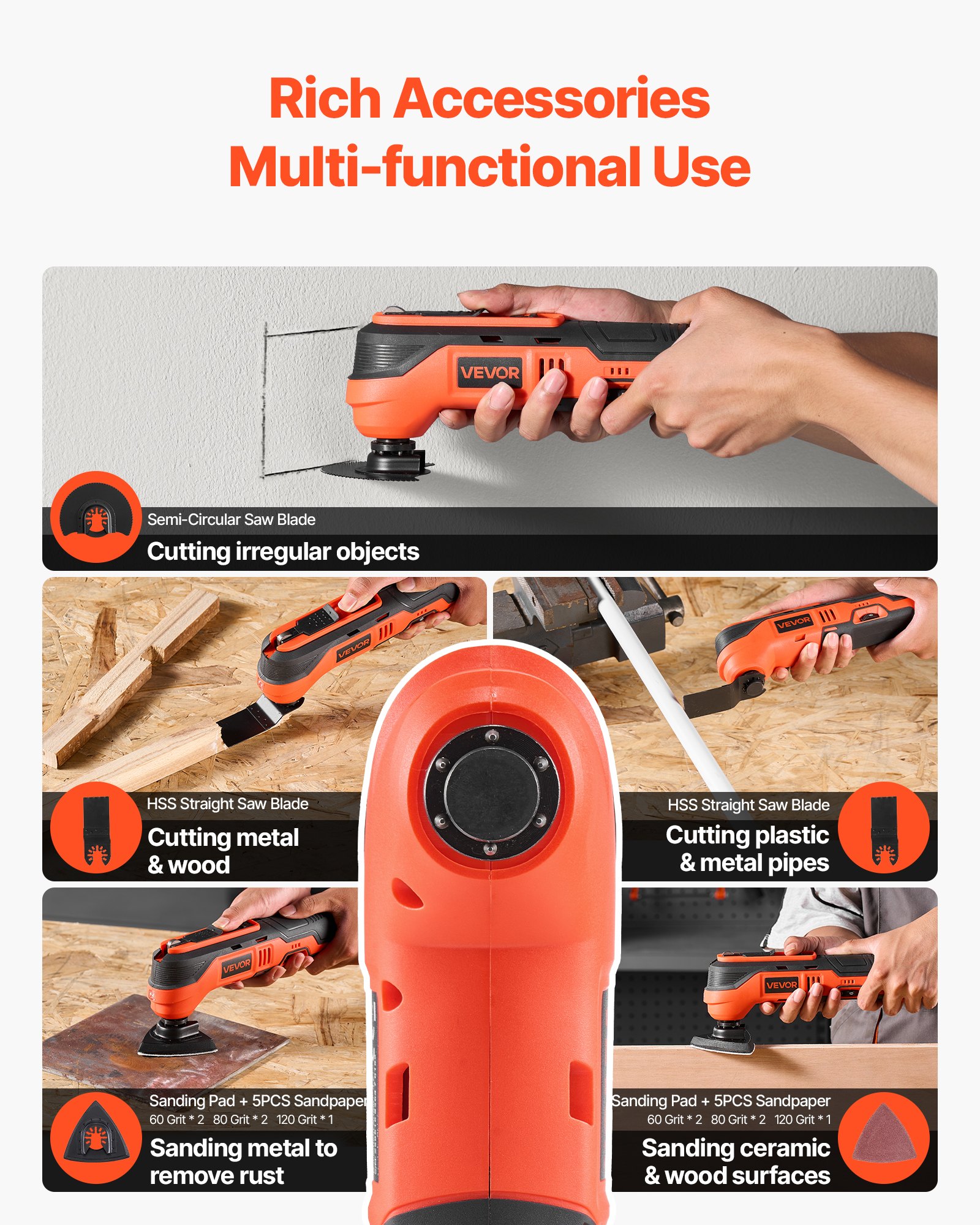 VEVOR Cordless Oscillating Tool, 12V Multitool Oscillating Saw Tool with 6 Variable Speeds 6000 - 17500 OPM, 3.2° Oscillation Angle, 2.0Ah Battery Pack & Charger, 8PCS Saw Accessories & LED Work Light