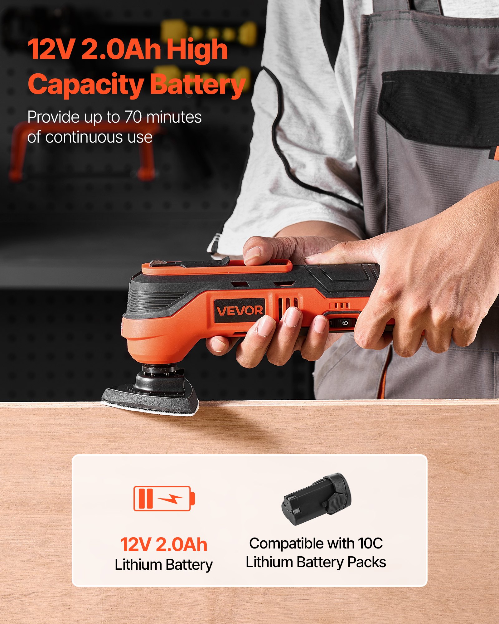 VEVOR Cordless Oscillating Tool, 12V Multitool Oscillating Saw Tool with 6 Variable Speeds 6000 - 17500 OPM, 3.2° Oscillation Angle, 2.0Ah Battery Pack & Charger, 8PCS Saw Accessories & LED Work Light