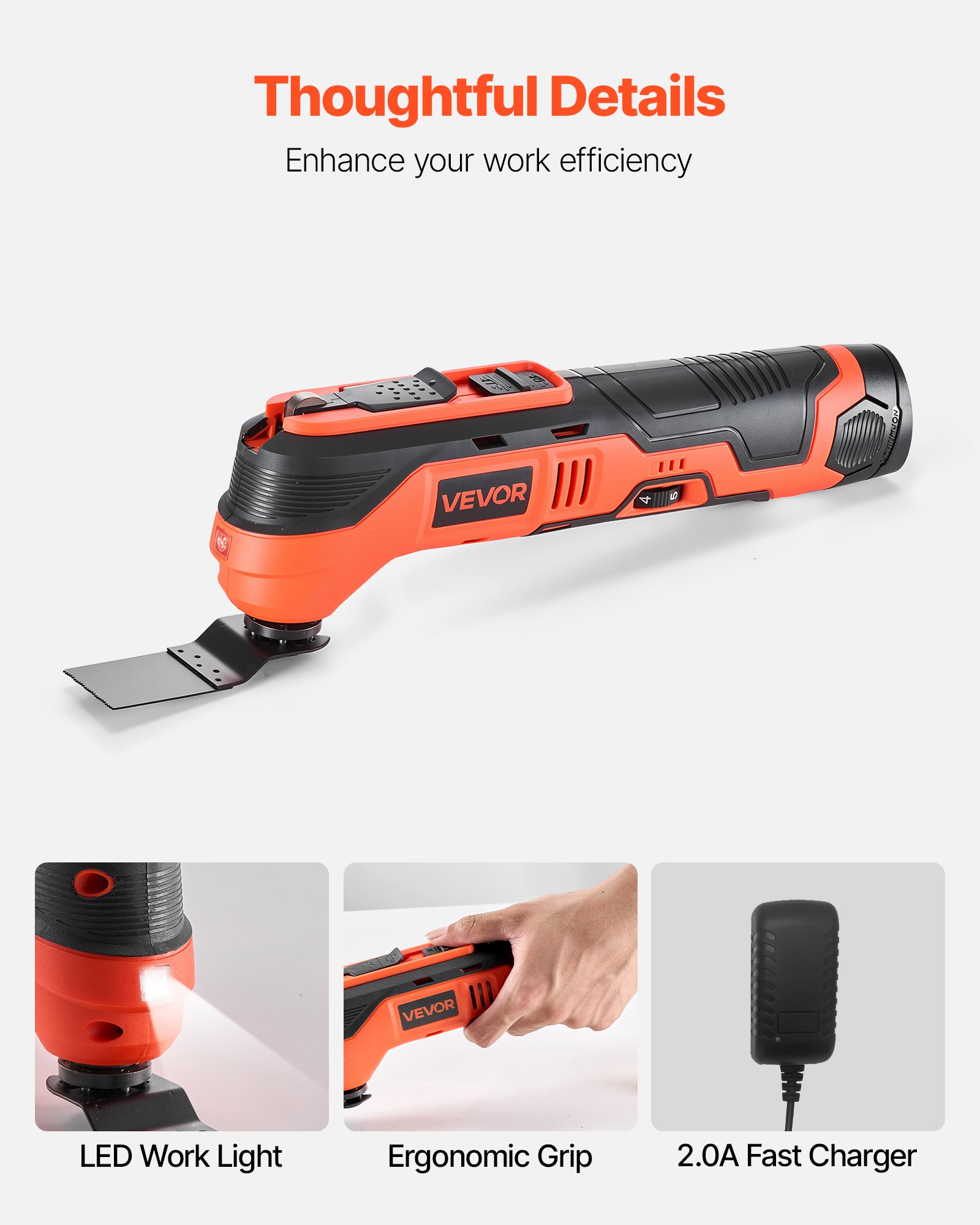 VEVOR Cordless Oscillating Tool, 12V Multitool Oscillating Saw Tool with 6 Variable Speeds 6000 - 17500 OPM, 3.2° Oscillation Angle, 2.0Ah Battery Pack & Charger, 8PCS Saw Accessories & LED Work Light