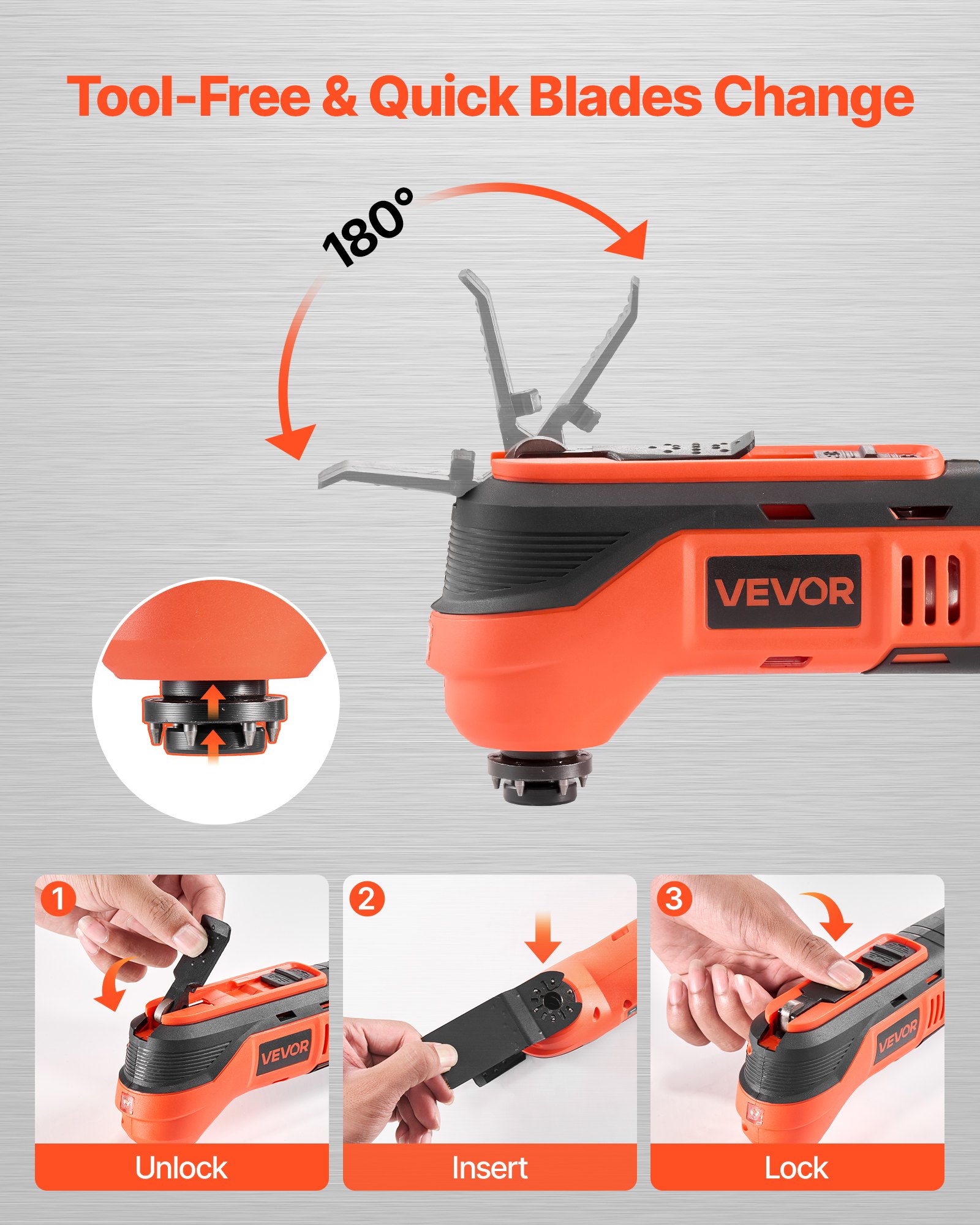 VEVOR Cordless Oscillating Tool, 12V Multitool Oscillating Saw Tool with 6 Variable Speeds 6000 - 17500 OPM, 3.2° Oscillating Angle, 2.0Ah Battery Pack & Charger, 8PCS Saw Accessories & LED Work Light