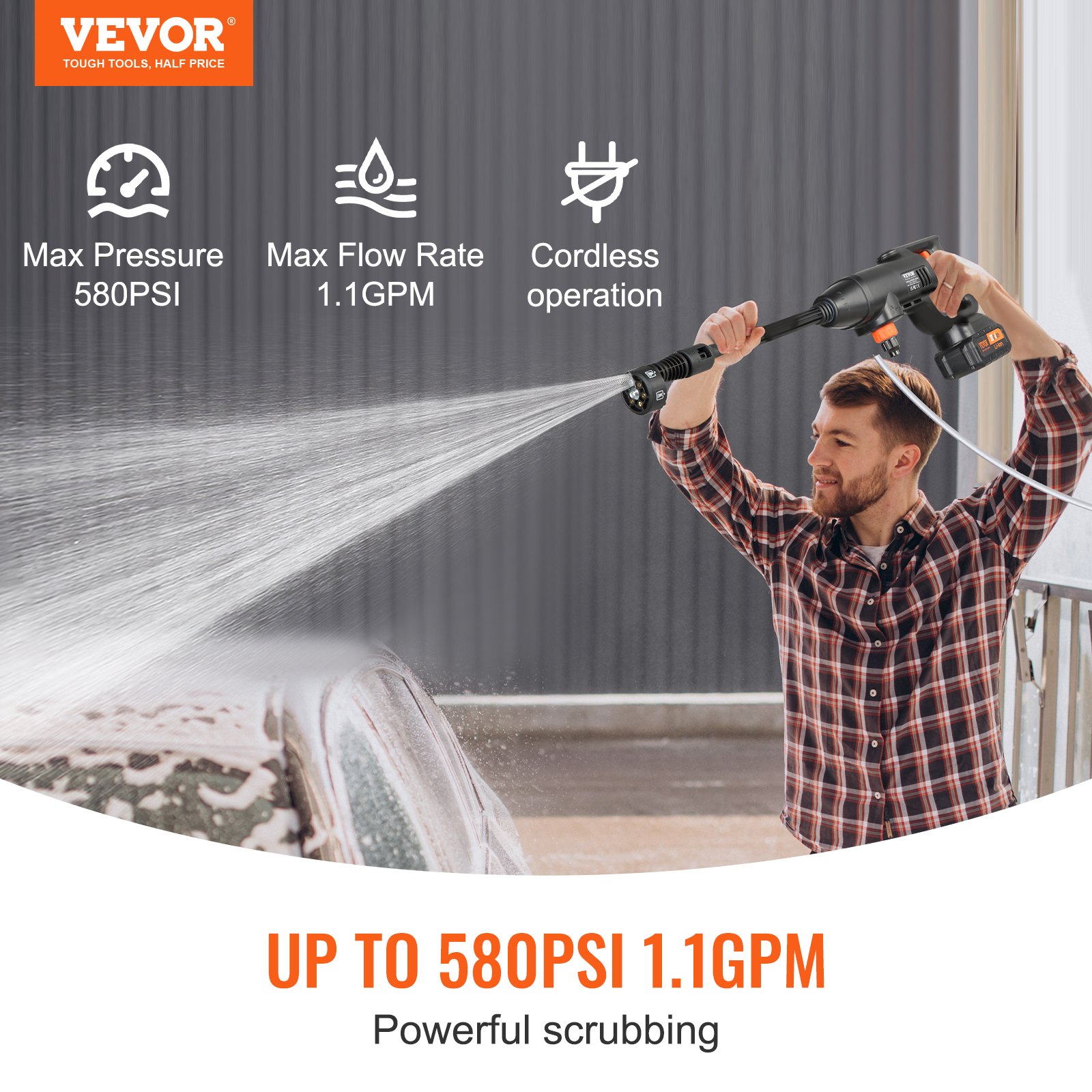 VEVOR Cordless Pressure Washer, 580-PSI 1.1 GPM Portable Power Cleaner, Handheld High-Pressure Car Washer Gun with 4.0Ah Battery, Charger, 6-in-1 Nozzle, for Home/Floor Cleaning & Watering