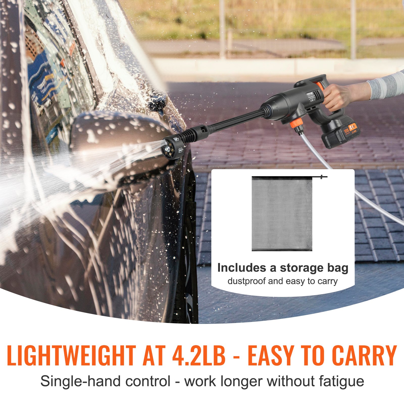 VEVOR Cordless Pressure Washer, 580-PSI 1.1 GPM Portable Power Cleaner, Handheld High-Pressure Car Washer Gun with 4.0Ah Battery, Charger, 6-in-1 Nozzle, for Home/Floor Cleaning & Watering
