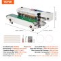 VEVOR bag sealing machine with detailed specifications, dimensions, accessories, and product features.