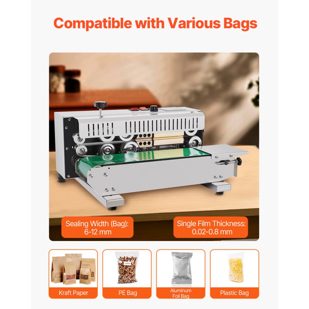 VEVOR Continuous Bag Band Sealing Machine, 0.24-0.47 in/6-12 mm Seal Width, Horizontal Band Sealer Machine with Digital Temperature Control, Stainless Steel Bag Sealer for 0.02-0.8 mm Plastic Bag Film