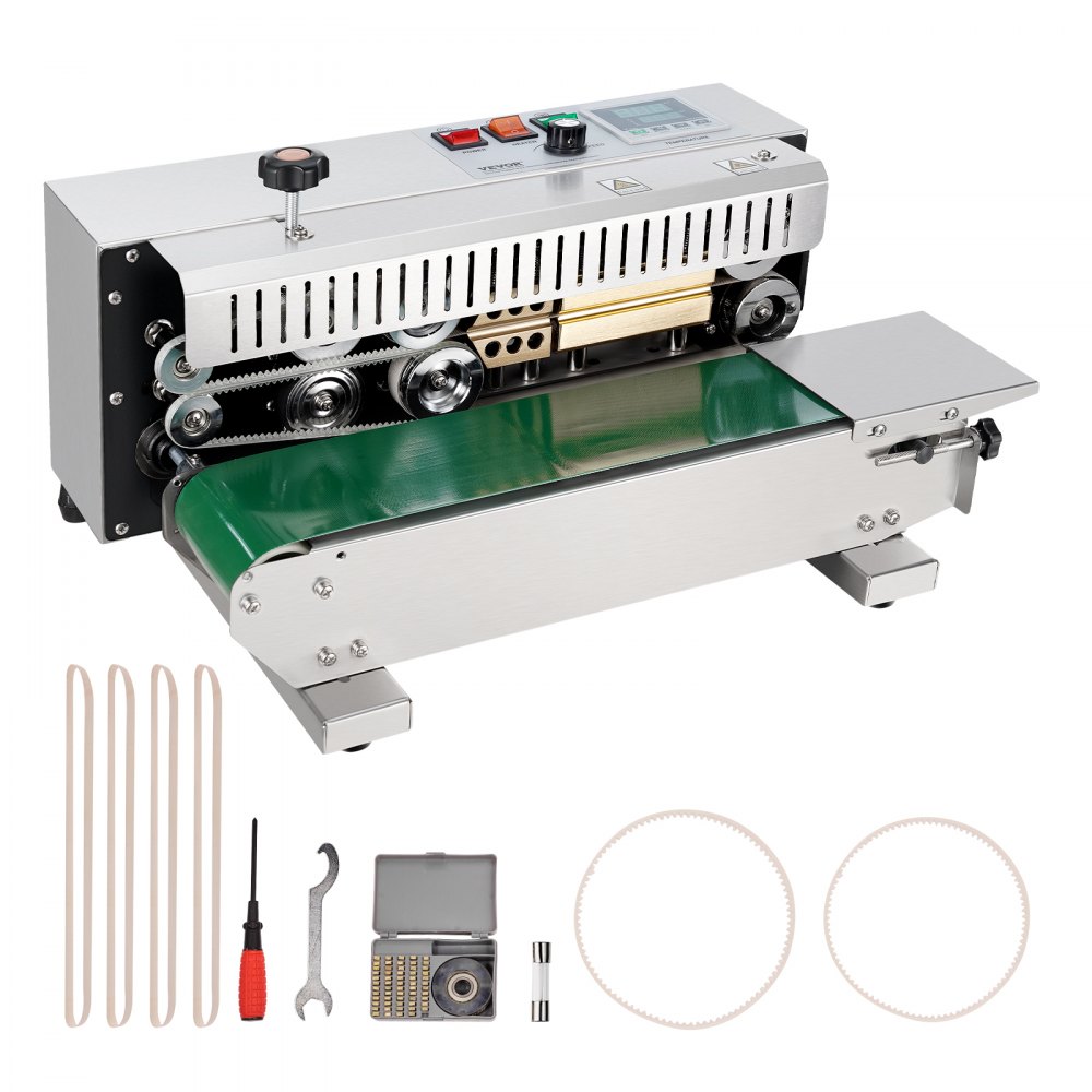 VEVOR Continuous Bag Band Sealing Machine, 0.24-0.47 in/6-12 mm Seal Width, Horizontal Band Sealer Machine with Digital Temperature Control, Stainless Steel Bag Sealer for 0.02-0.8 mm Plastic Bag Film